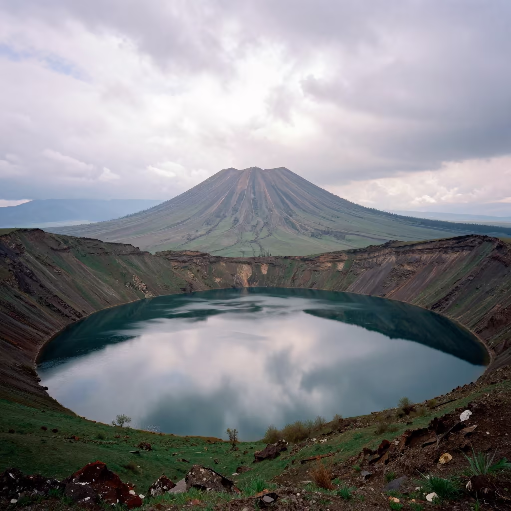 Volcanic Cone Reflected in Crater Lake Almaty in across a wide valley floor near Almaty