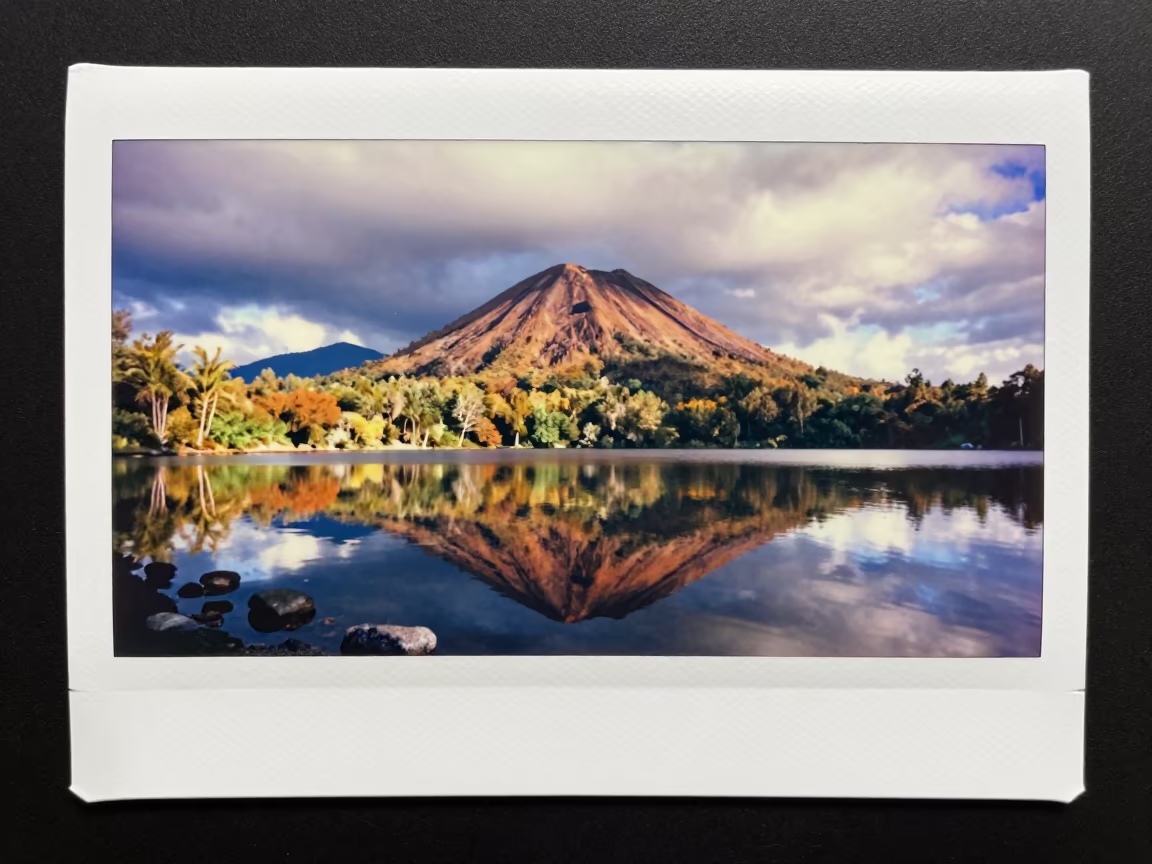 Volcanic Cone Reflected in Crater Lake Shoreline in along a wave-cut shoreline near Bishkek
