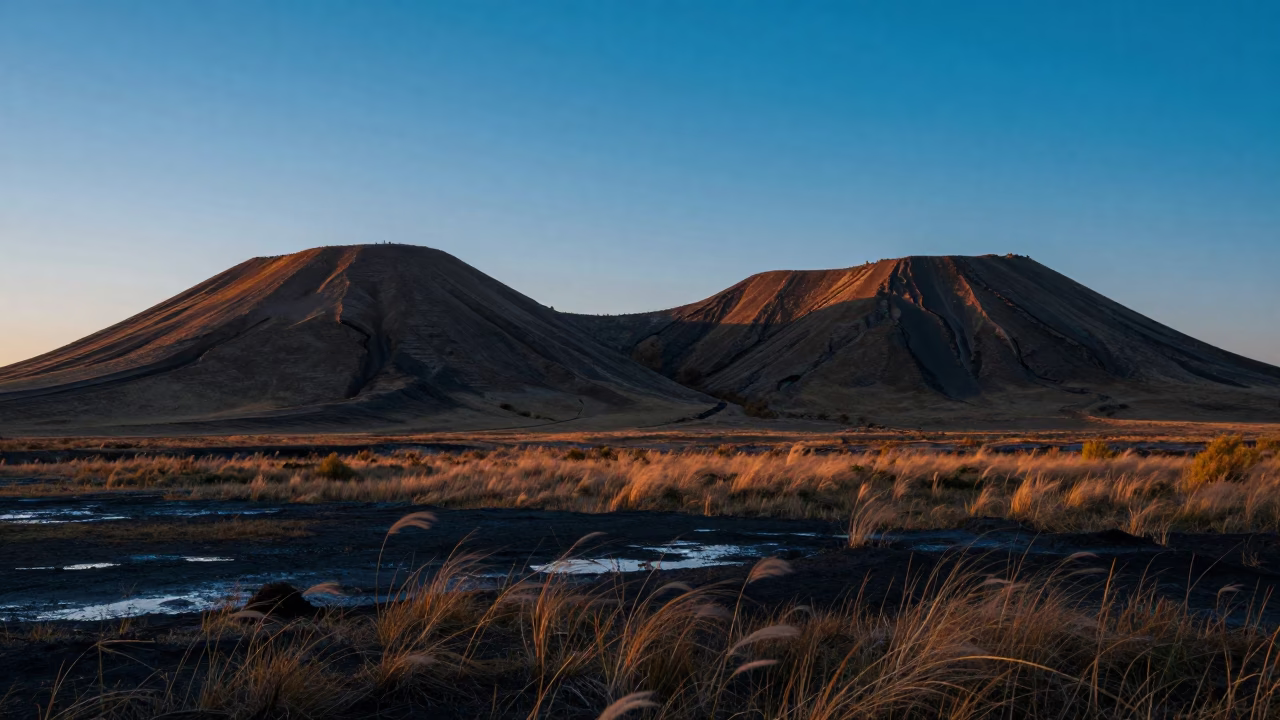 Volcanic Cone Rim Light Over Floodplain in across a floodplain after rain near Almaty