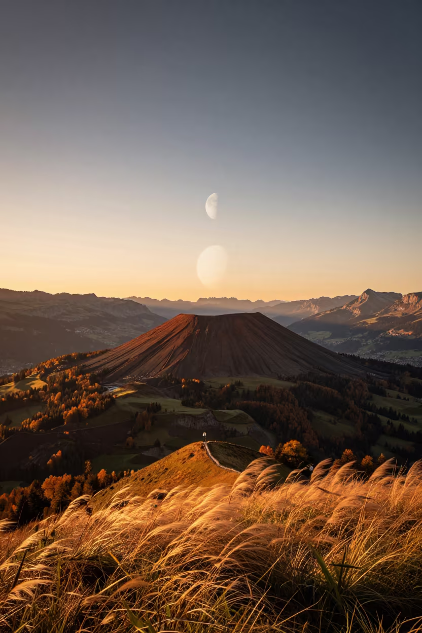 Volcanic Cone and Ringed Planet at Sunset in from a ridge above layered foothills near Interlaken