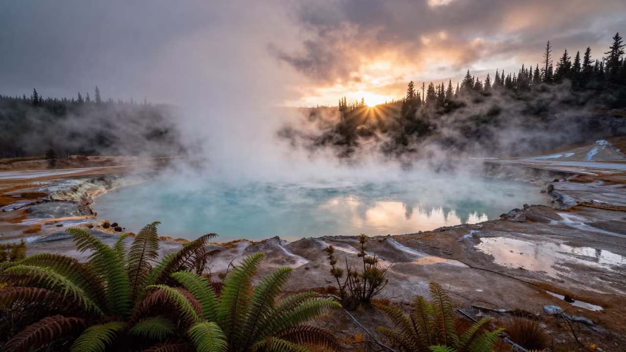 Volcanic Hot Lake Dawn Steam British Columbia in across a floodplain after rain in British Columbia