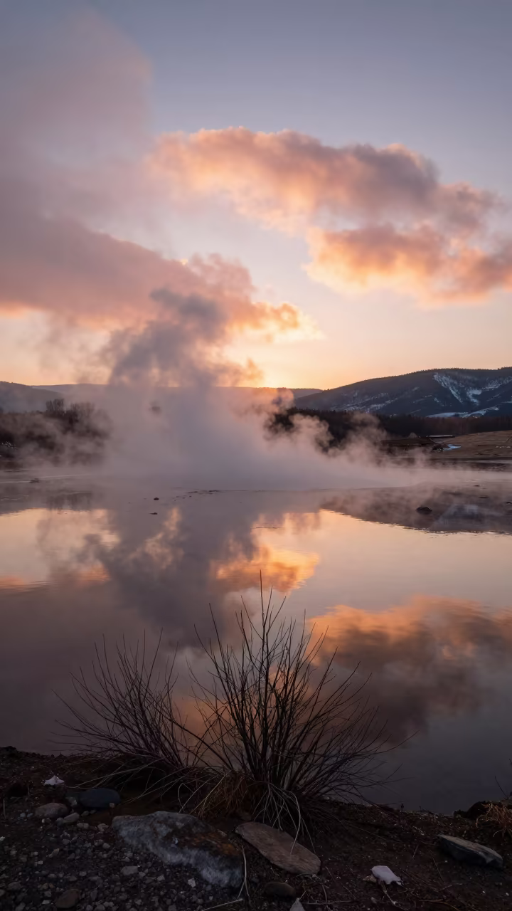 Volcanic Hot Lake Steam Rising at Dawn Near Tbilisi in across a wide valley floor near Tbilisi