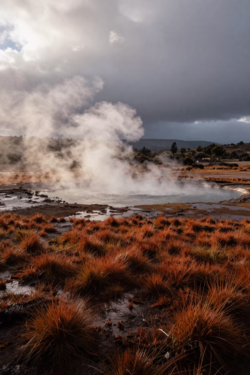 Volcanic Hot Lake Steaming at Dawn Near Quito in across a floodplain after rain near Guapulo, Quito