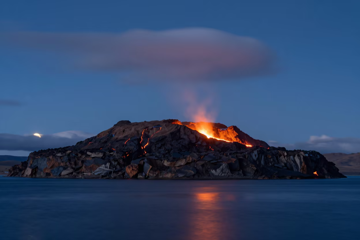 Volcanic Island Lava Glow Tibet Night Sky in beneath a moon-washed horizon in Tibet