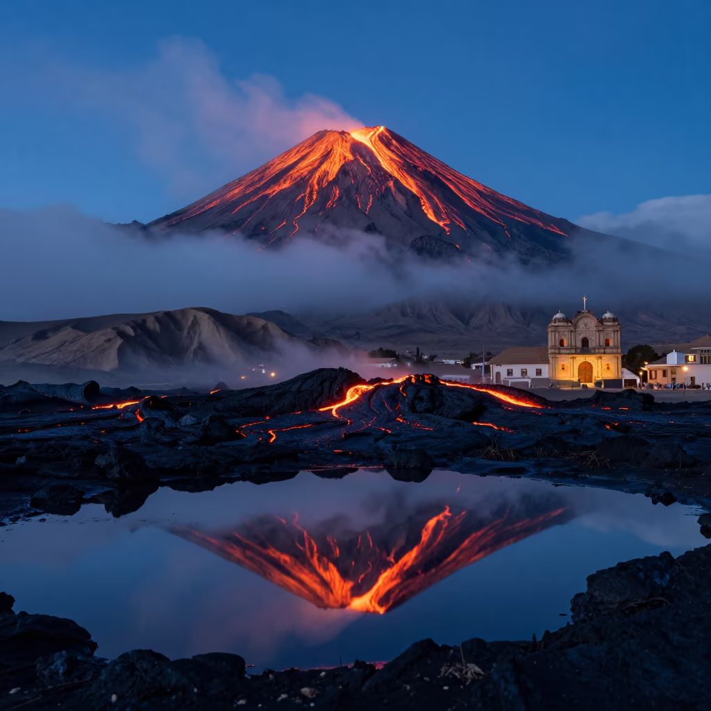 Volcanic Island Night Sky Reflection in Mist in beneath a wind-cut desert escarpment near Plaza de Armas, Cusco