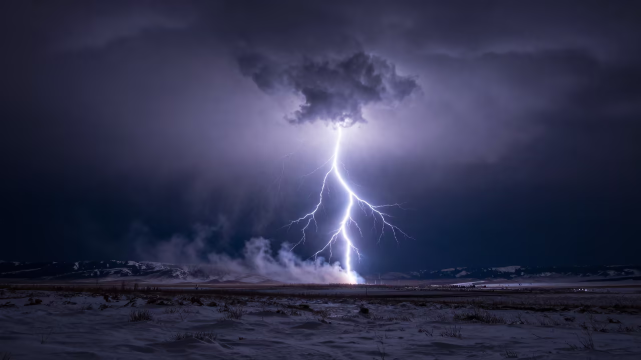 Volcanic Lightning Eruption Column Night Colorado in across a storm-bright plain in Colorado