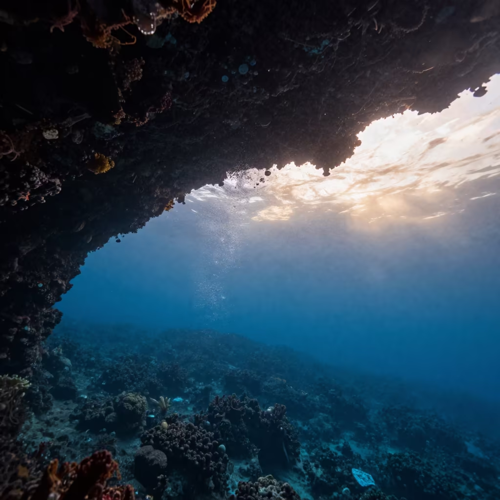 Volcanic Reef Waves Breaking in Evening Light in beside a volcanic reef overhang near Denpasar
