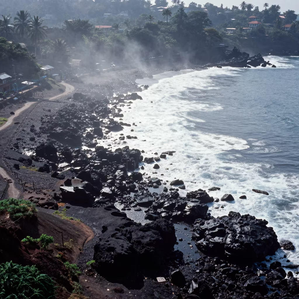 Volcanic Shoreline Aerial View After Rain in far above surf-scalloped coastline near Freak Street, Kathmandu
