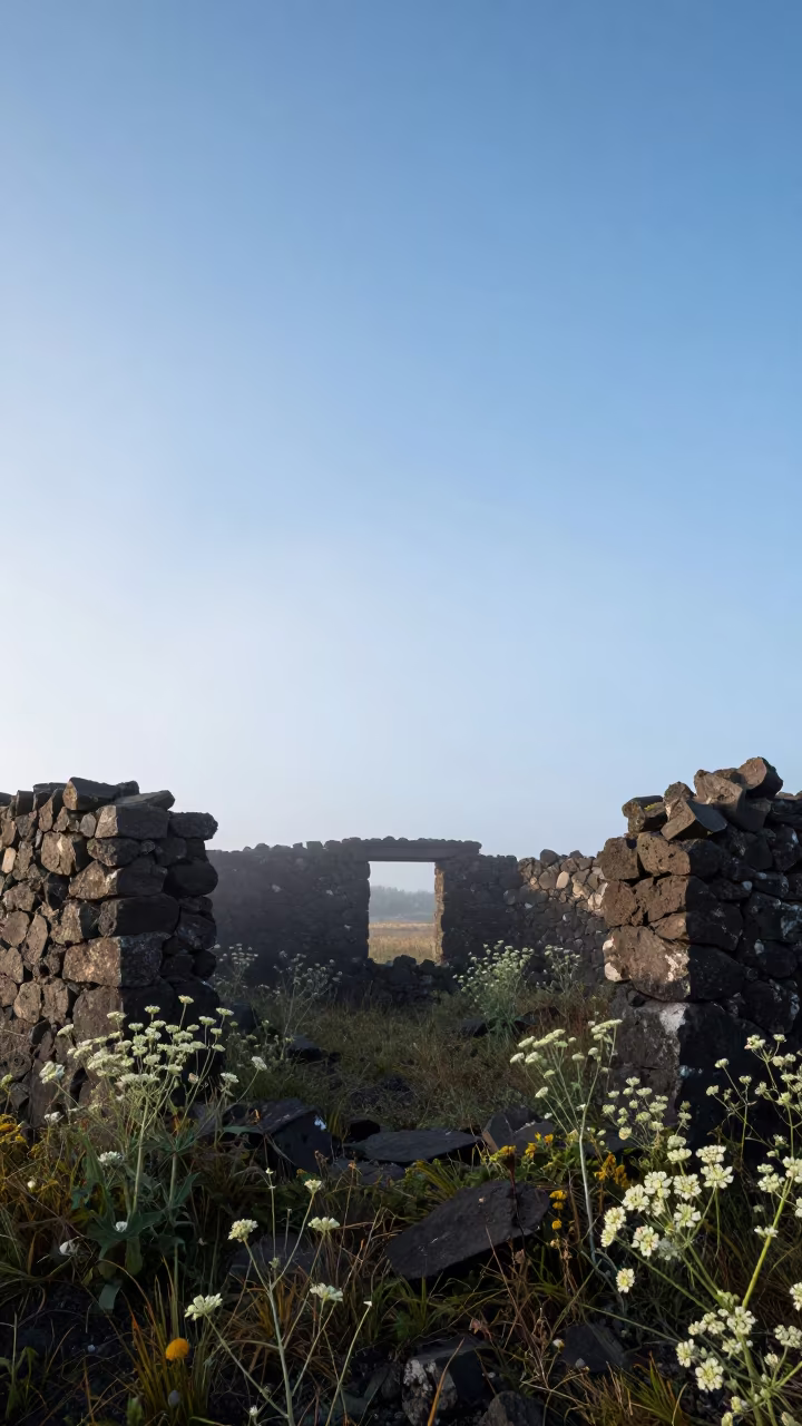 Volcanic Stone Ruin Ringed by Wild Fennel at Dawn in inside a roofless hammam in Canada