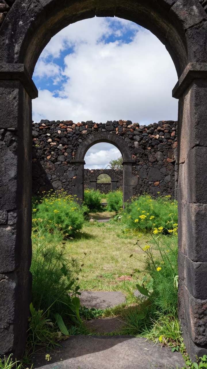 Volcanic Stone Ruins Ringed by Wild Fennel in through a courtyard reclaimed by grasses in Bolivia