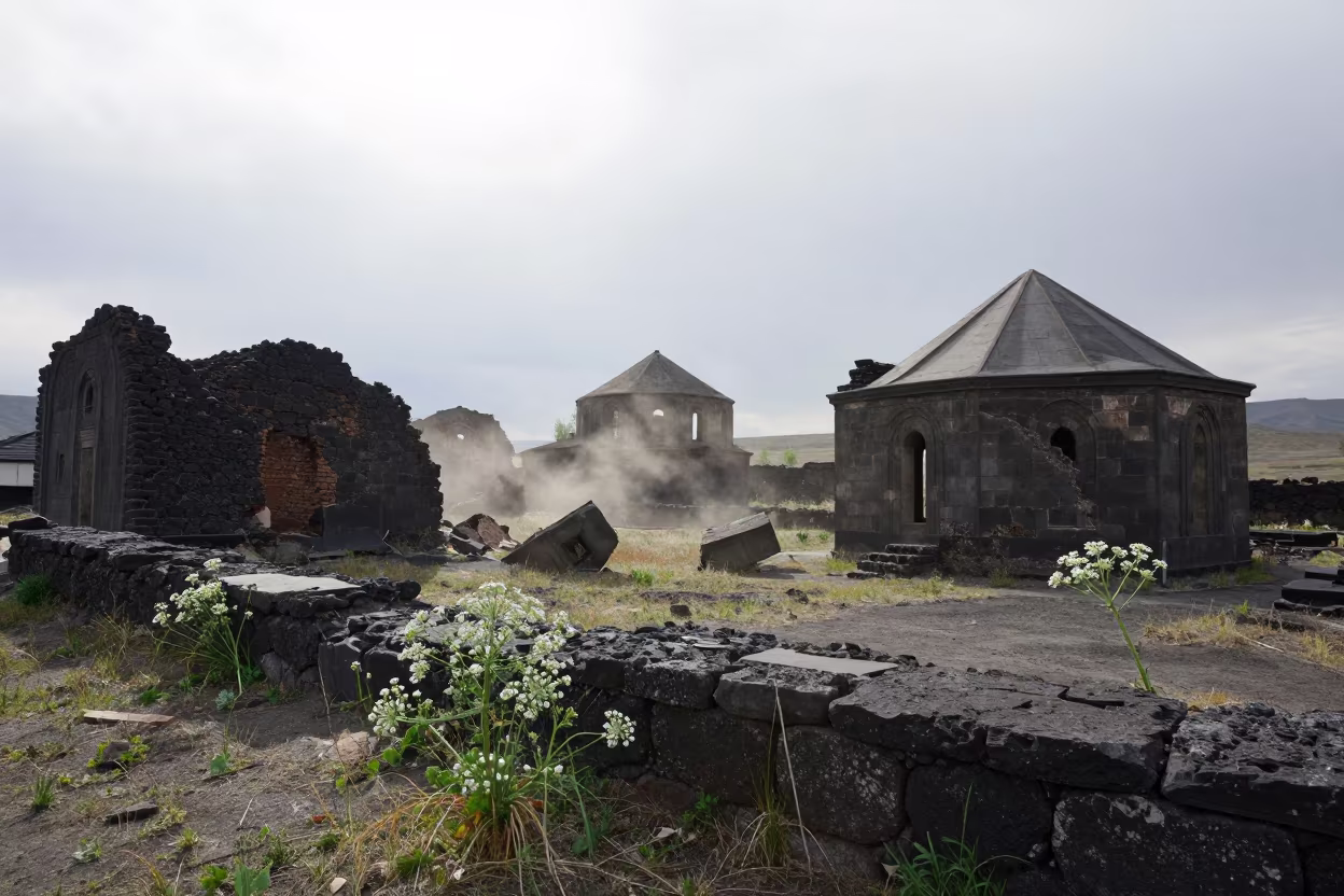 Volcanic Stone Ruins Ringed by Wild Fennel in among collapsed cloisters near Almaty