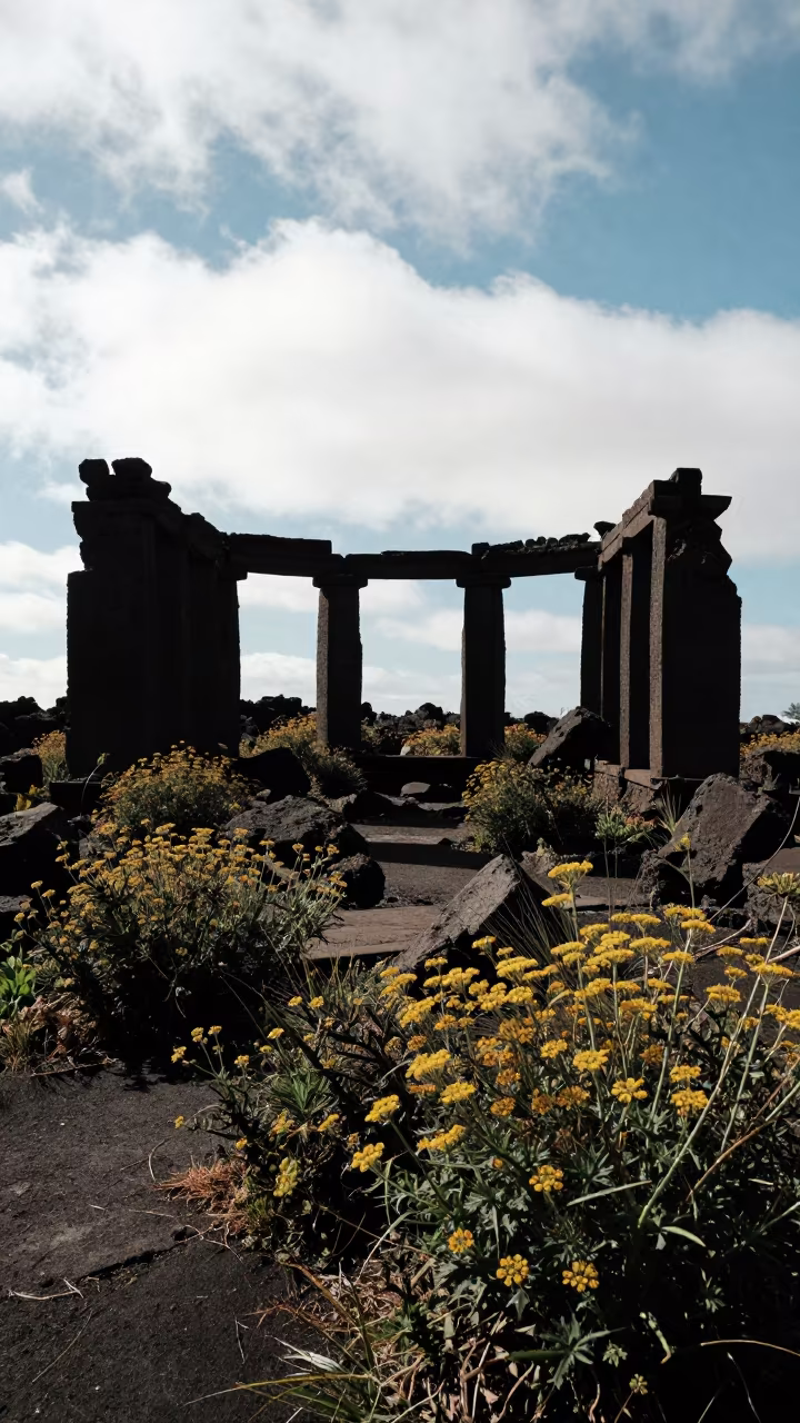 Volcanic Stone Ruins Ringed by Wild Fennel in Chile in among toppled columns and nettles in Chile