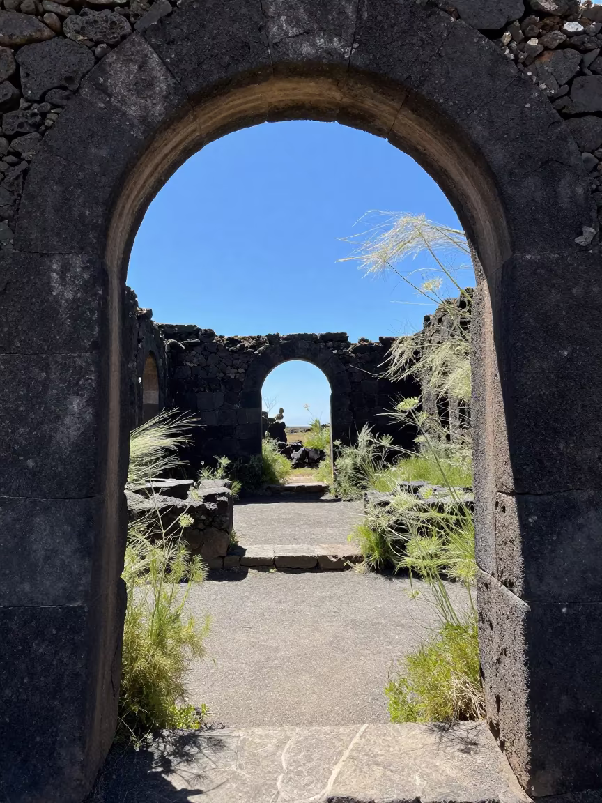 Volcanic Stone Ruins Amidst Wild Fennel in Peru in among collapsed cloisters in Peru