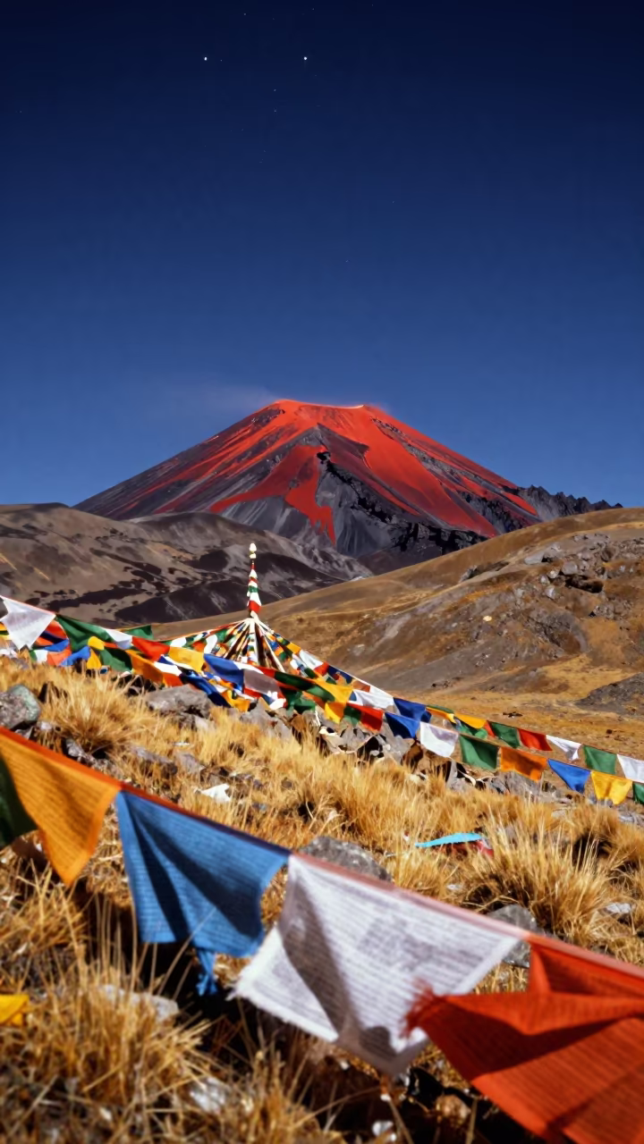Volcanic Summit Glowing Red Under Stars in Autumn in along a high mountain pass beneath prayer flags near Lhasa