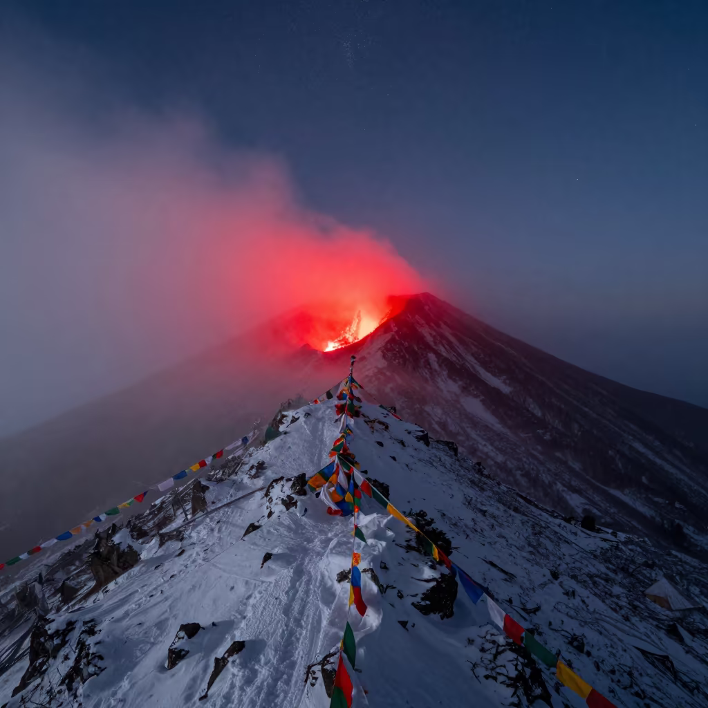 Volcanic Summit Glowing Red Under Stars Above Winter Ridge in on a wind-cut ridge below prayer flag lines near Shimla