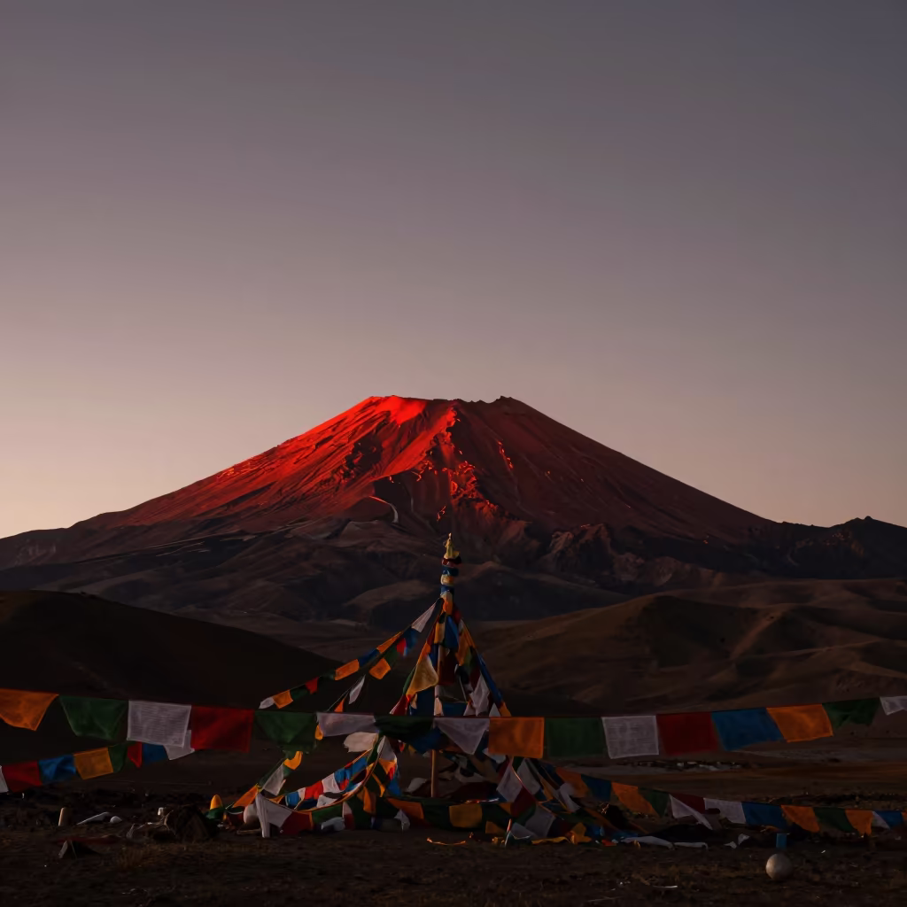 Volcanic Summit Glowing Red Under Starry Canopy in on a wind-cut ridge below prayer flag lines near Lhasa