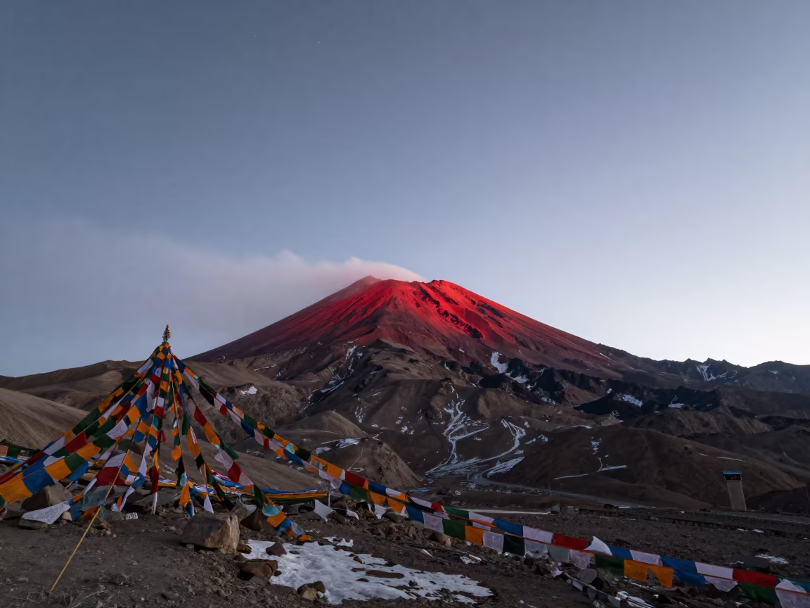 Volcanic Summit Red Glow Winter Stars Leh in along a high mountain pass beneath prayer flags near Leh