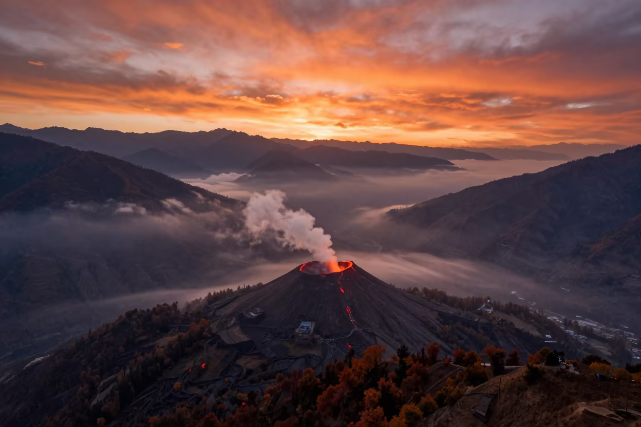 Volcanic Sunset Over Uttarakhand Mist in beneath fast-moving cloud bands in Uttarakhand