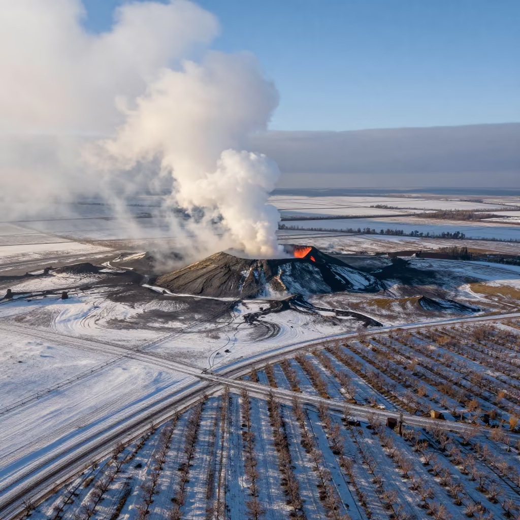Volcanic Vent Rising From Autumn Snowfield Alberta in far above orchard blocks and irrigation lines in Alberta