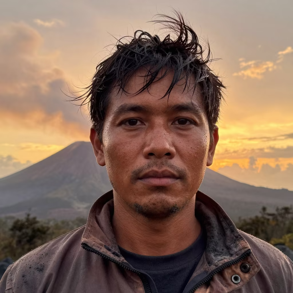 Volcano Guide Portrait in Amber Rainy Season Light in in Udu