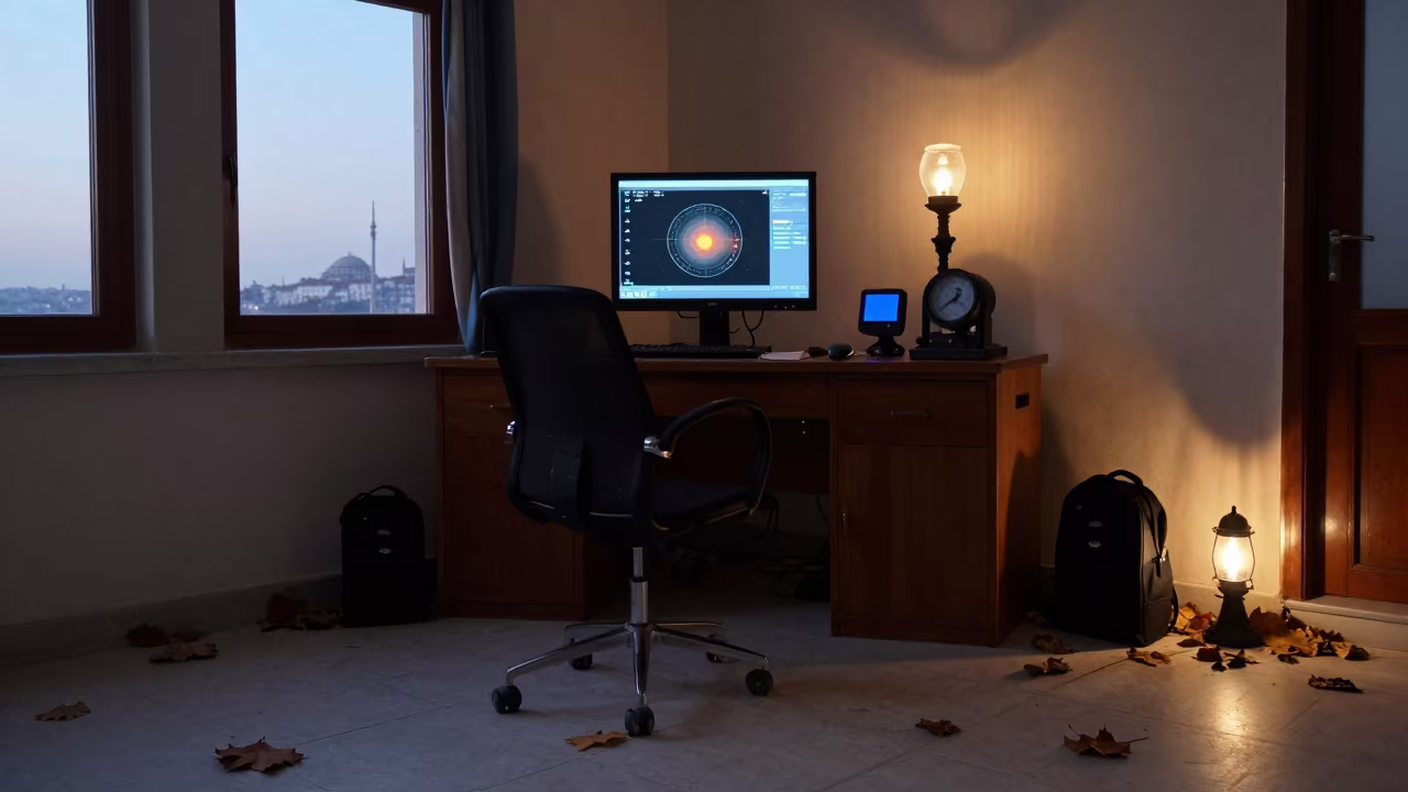 Volcano Monitor at Desk in Balat Istanbul in on a writing desk in Balat, Istanbul
