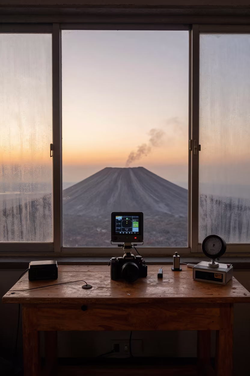 Volcano Monitor Reading Instruments at Crater Rim in on a wooden workbench in Suzhou