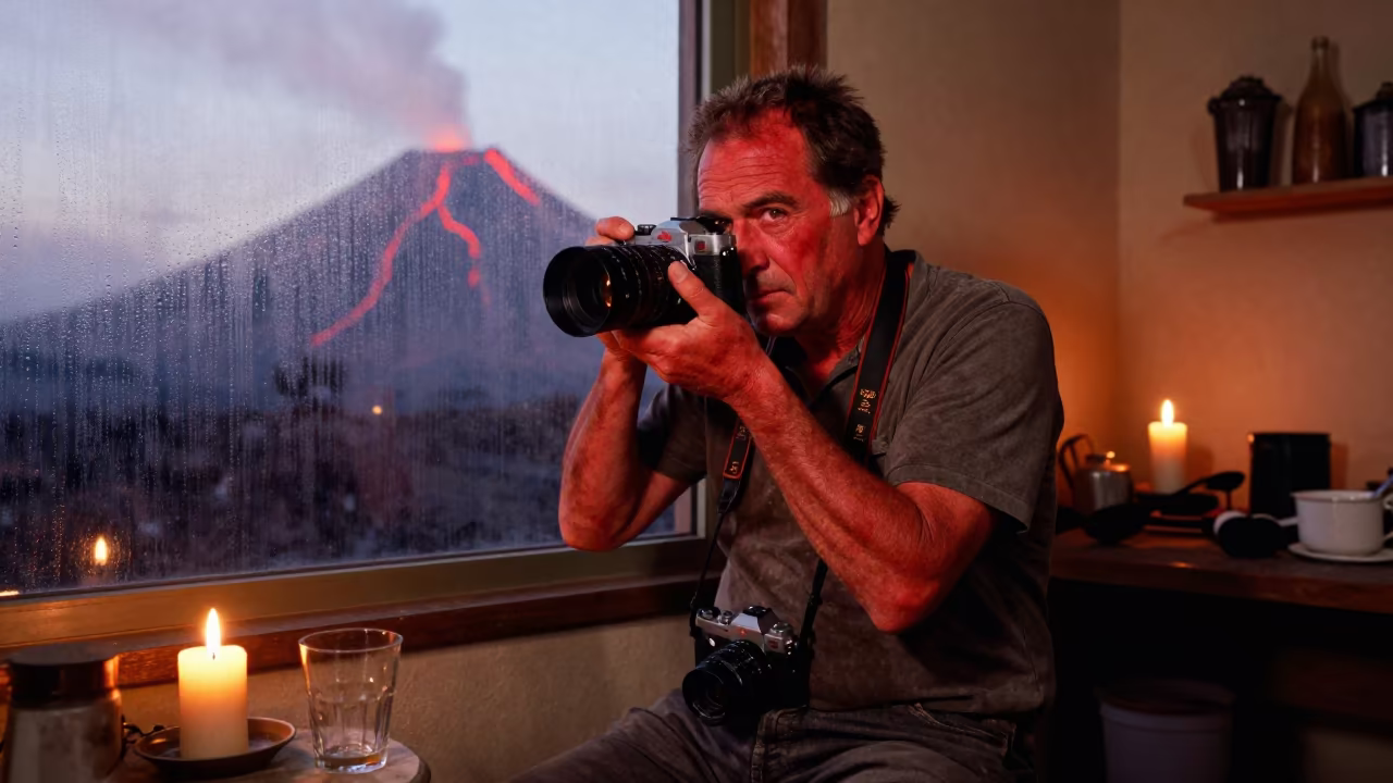 Volcano Photographer with Heat-Reddened Skin in Studio in in a north-lit studio in Rimini