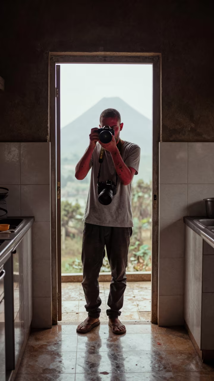 Volcano Photographer in Jijiga Kitchen Doorway in in a tiled kitchen doorway in Jijiga