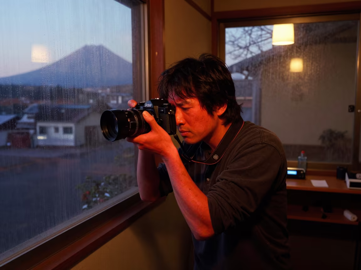 Volcano Photographer Portrait in Kanazawa Evening in inside a quiet rehearsal room in Kanazawa