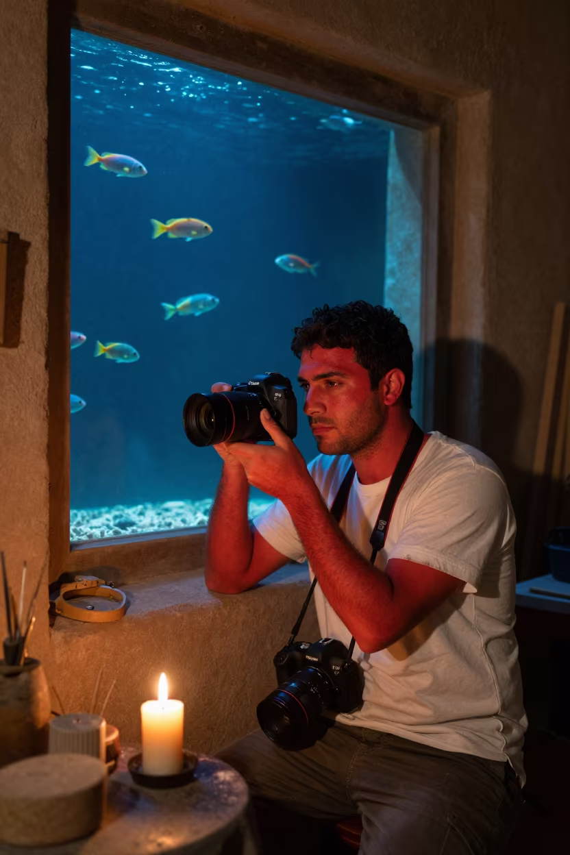 Volcano Photographer with Swimming Fish in by a workshop window in Al Ain