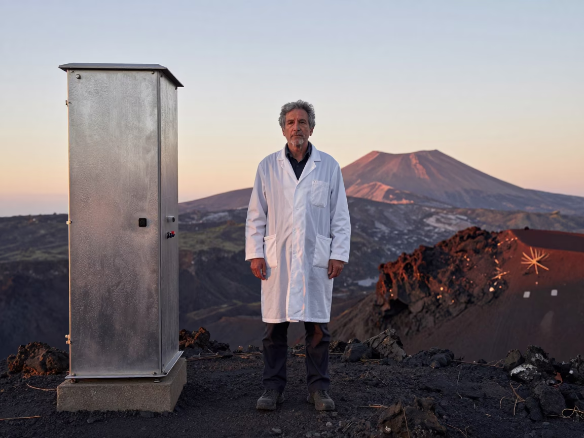 Volcano Scientist Amidst Provence Rock Outcrop at Dusk in along a rocky geology outcrop in Provence