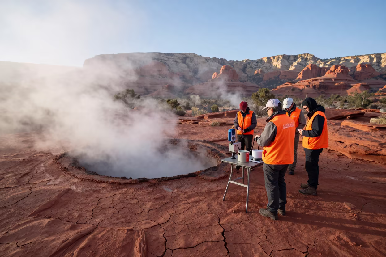 Volcanology Team Checking Instruments Near Sedona Vent in near Sedona