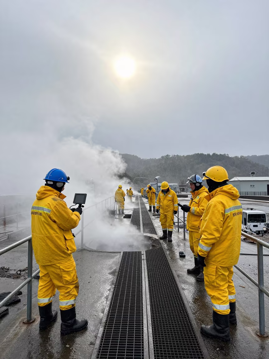Volcanology Team Inspecting Steaming Vent Near Kobe in near Kobe