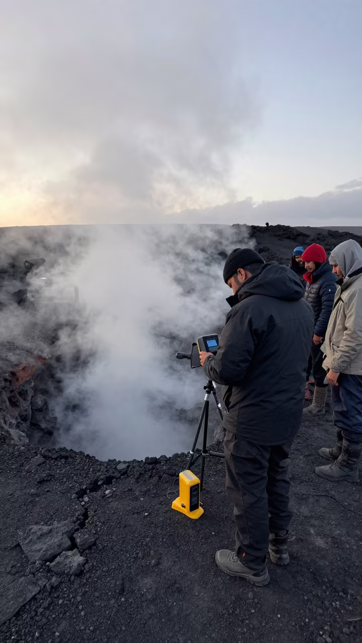 Volcanology Team Checking Instruments Near Steaming Vent in near Sana'a