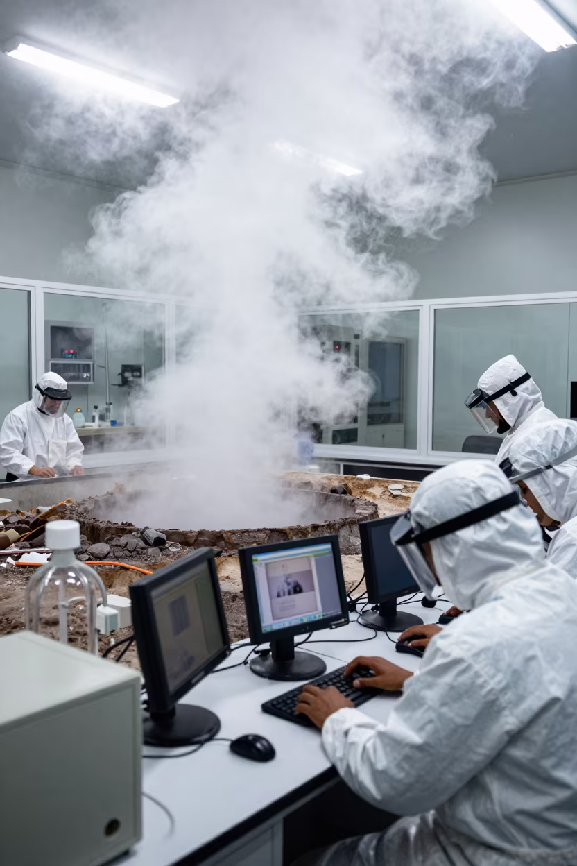 Volcanology Team Monitoring Steaming Vent in in Manama