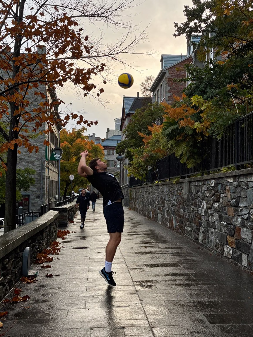 Volleyball Hitter Swings on Montreal Mountain Path in on a mountain path near Quartier Latin, Montreal