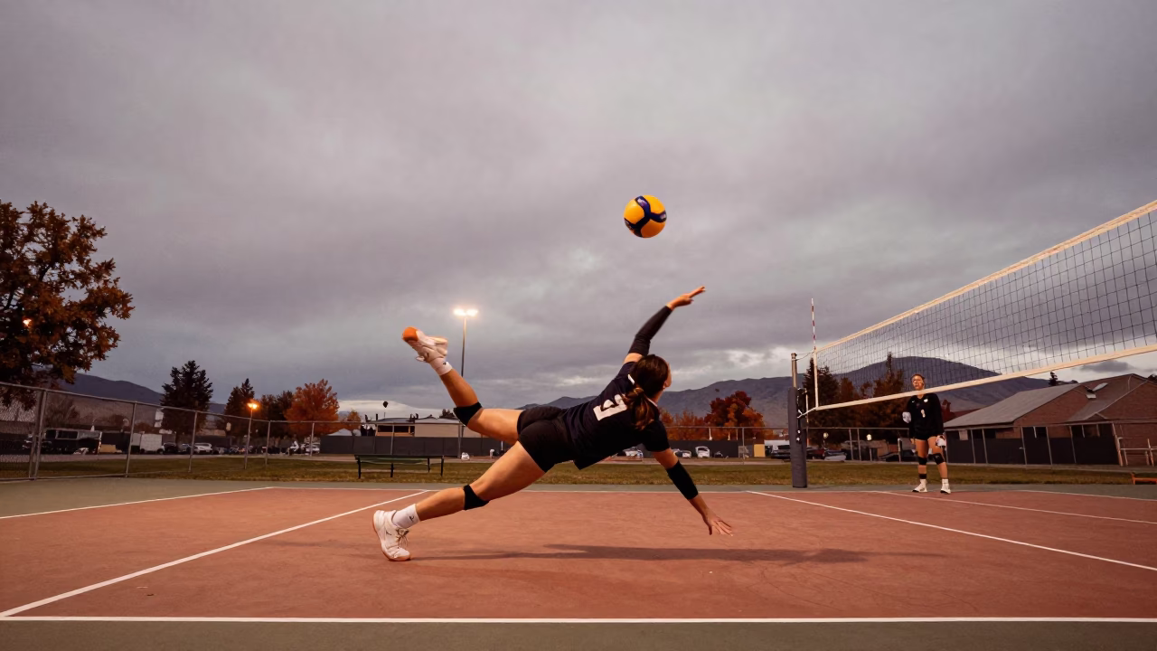 Volleyball Libero Dives in Copper Light in at a roadside stop near Reno