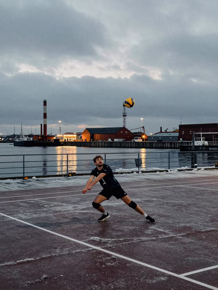 Volleyball Libero Dives on Winter Harbor Quay in at a harbor quay near Łódź