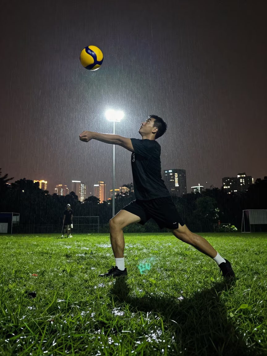 Volleyball Outlier Swinging Cross Court on Guangzhou Hillside in on a hillside near Guangzhou