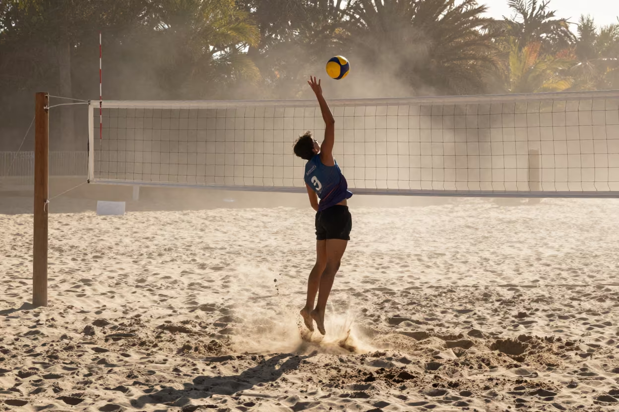 Volleyball Player Spiking Net on Beach in along a beach near Puerto Madryn