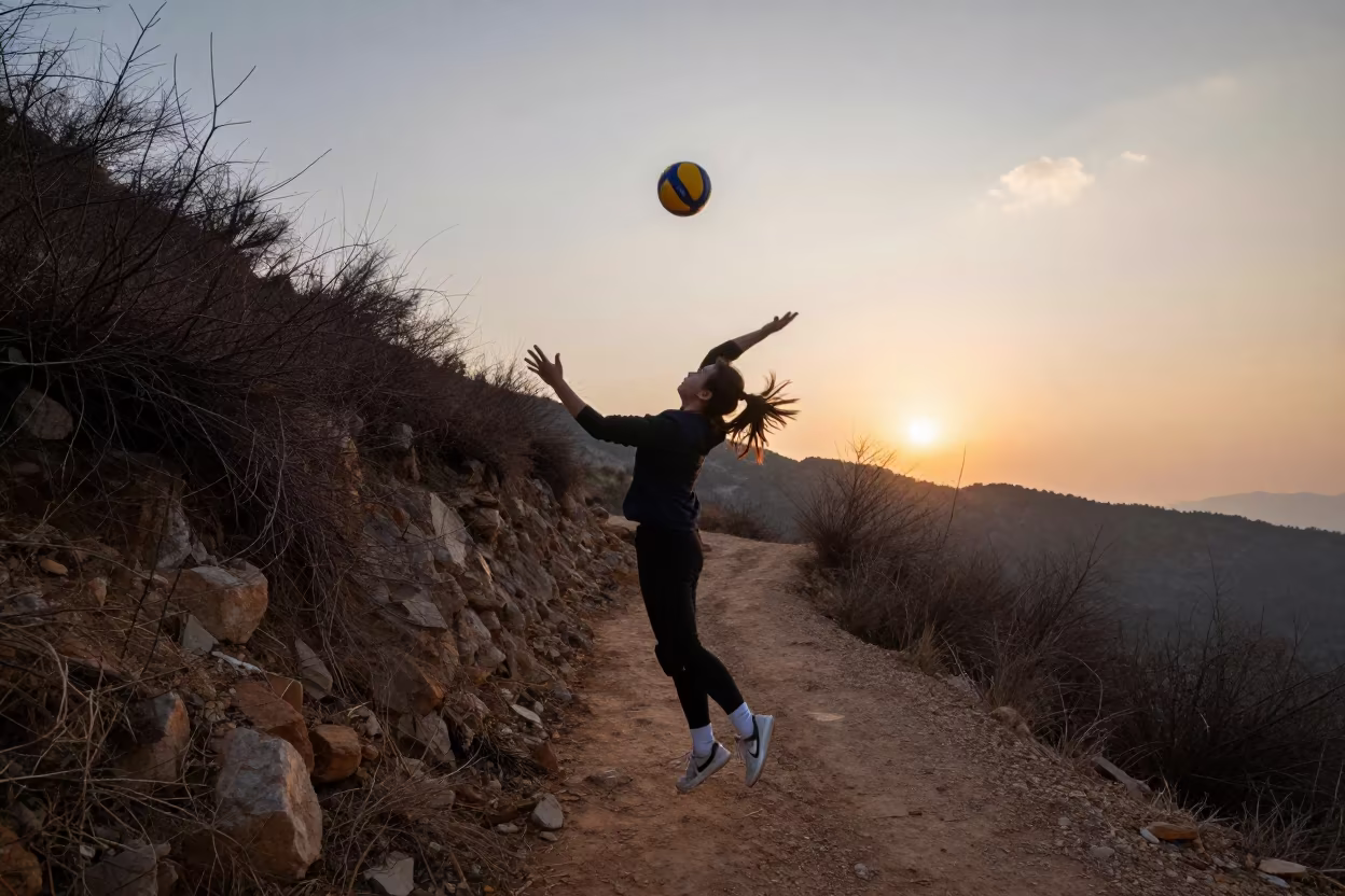Volleyball Setter Floating Ball on Mountain Path in on a mountain path near Kunming