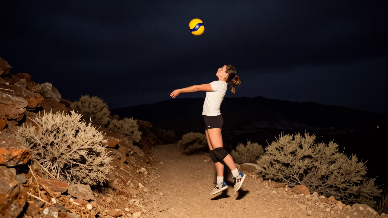 Volleyball Setter Floating Ball Night Mountain Path in on a mountain path near Marrakesh
