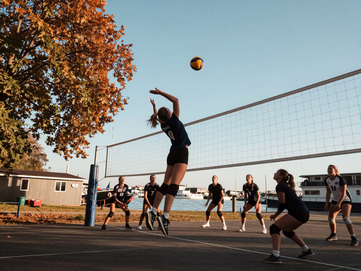 Volleyball Setter Floats Ball Under Autumn Leaves in at a harbor quay near Van