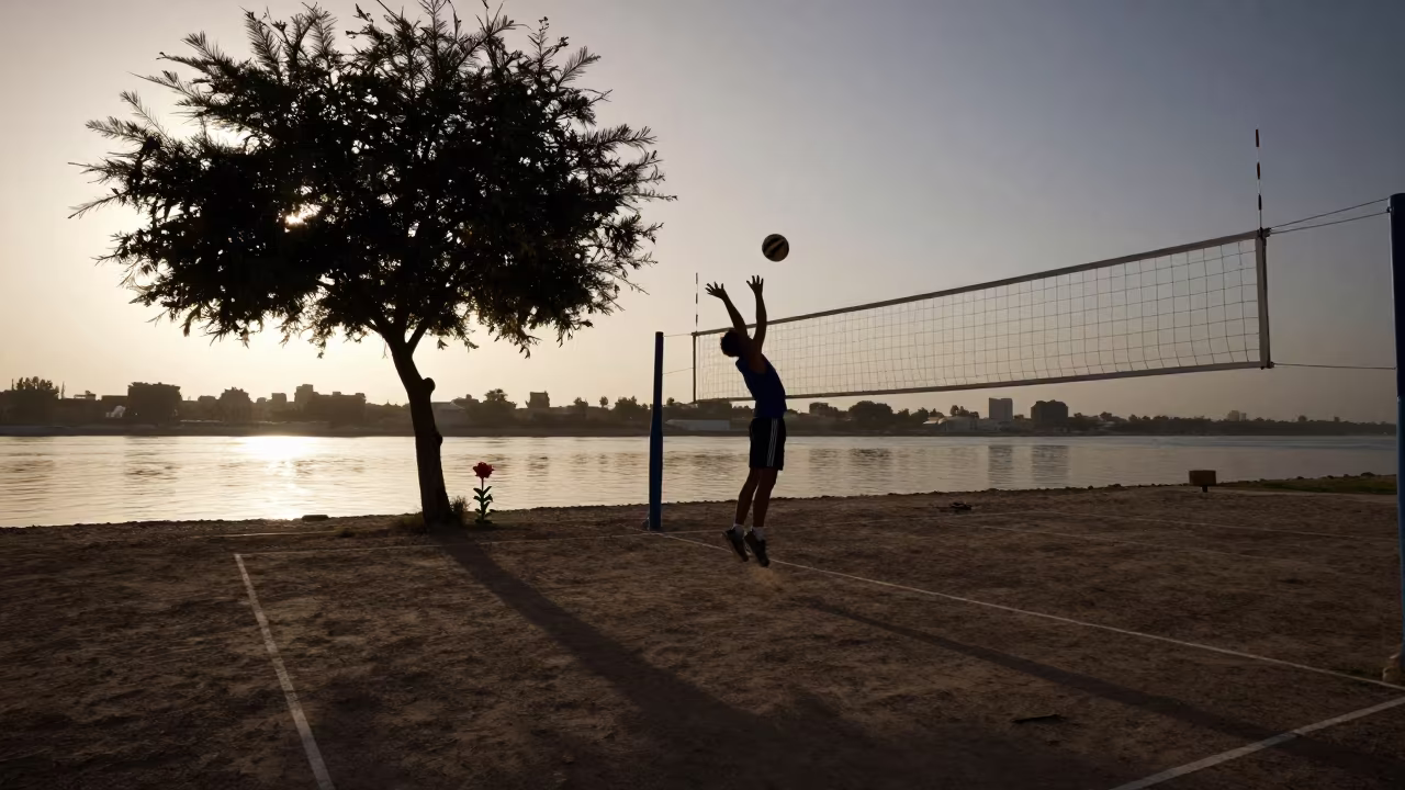Volleyball Spike Under Giant Flower Dawn in by a riverbank near Al Ain
