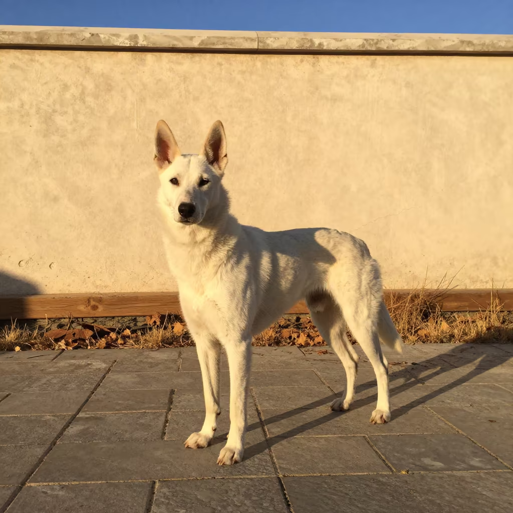 Volpino Italiano in Aydın Courtyard Sunset Light in beside a plain courtyard wall in clear daylight with the animal at eye level in Aydın