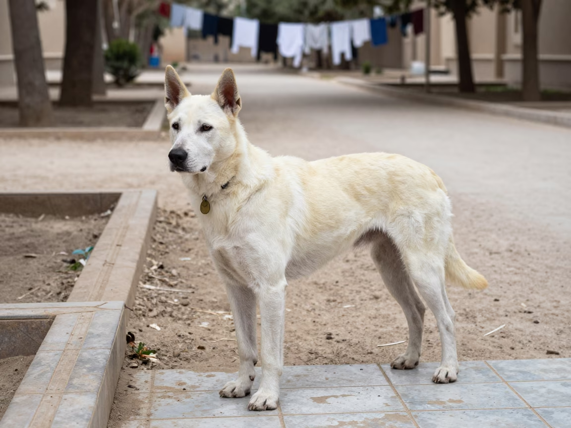 Volpino Italiano in Basra Yard with Tiled Threshold in along a quiet park path with soft open shade and a clean background in Basra
