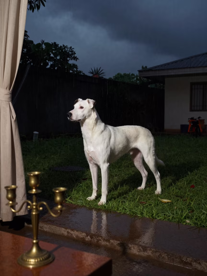 Volpino Italiano in Chennai Night Yard in in a small yard with clipped grass, calm light, and the animal centered in frame in Chennai