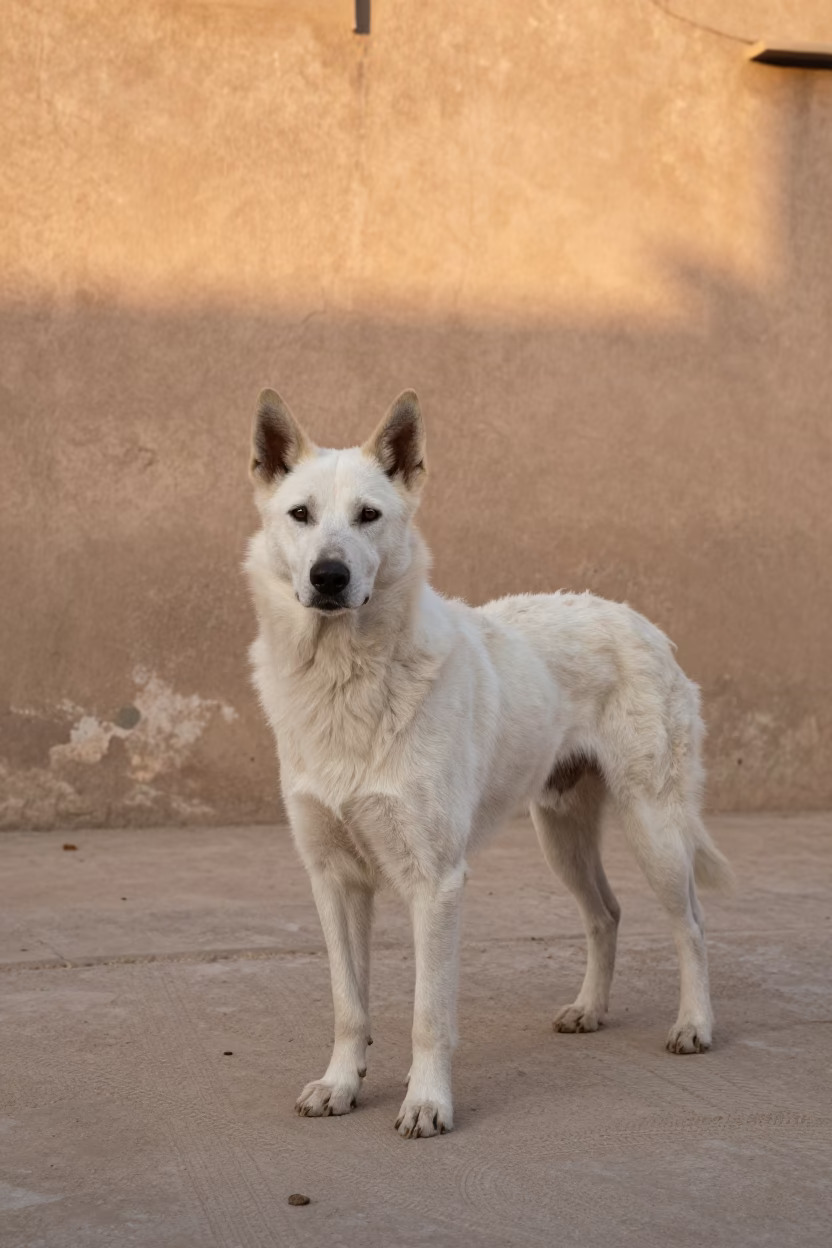 Volpino Italiano in Kuwait Courtyard in beside a plain courtyard wall in clear daylight with the animal at eye level near Kuwait City