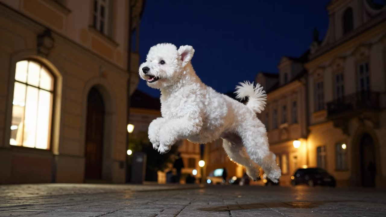 Volpino Italiano Leaping Joyfully in Prague Night Street Scene in in Prague, Czech Republic