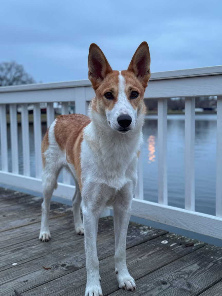 Volpino Italiano on Shaded DC Porch in Evening Blue Light in on a shaded front porch with boards, railings, and eye-level framing near Washington DC